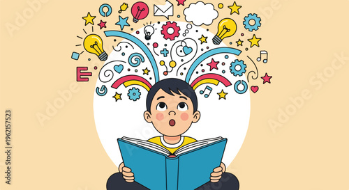 Curious young boy reading a book, his mind bursting with colorful ideas, knowledge, and creativity. Illustrates learning, imagination, and childhood education.