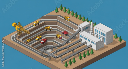Isometric Open-Pit Mine Illustration with Trucks and Processing Plant.