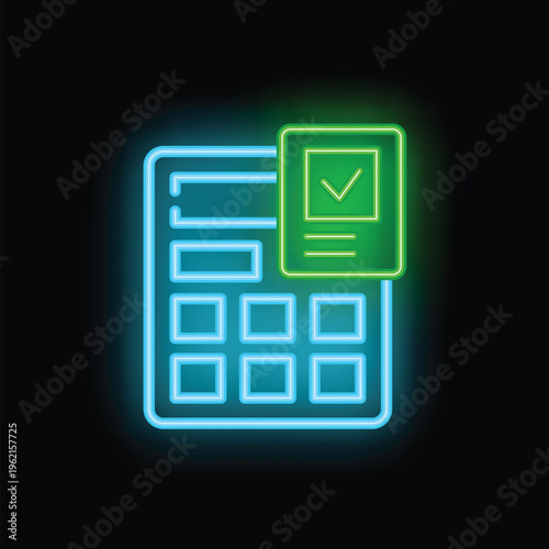 Glowing neon icon of a calculator with a check mark, representing a successful calculation or financial operation