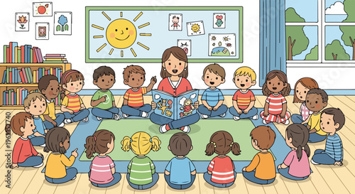 Happy diverse preschoolers in a classroom circle, listening to their female teacher reading a storybook. Early childhood education, learning, and storytelling illustration.