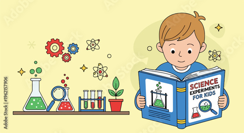 Curious boy reading 'Science Experiments for Kids' book, surrounded by colorful lab equipment. Illustrates childhood education, scientific discovery, and learning.