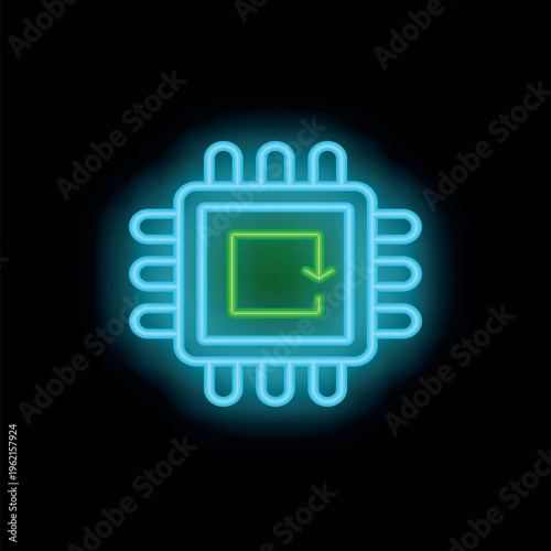 Glowing neon microchip installing software update with download arrow