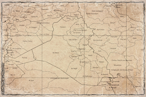 Vintage Map Of Iraq With Governorates On Retro Paper Background