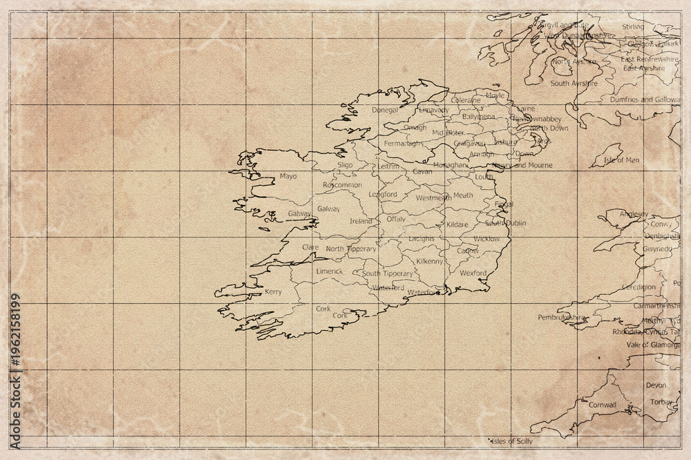 Fototapeta premium Vintage Map Of Ireland With Counties On Retro Paper Background