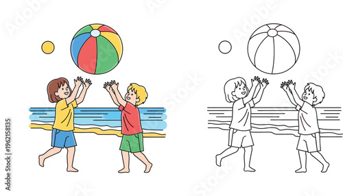 Children playing with a beach ball on the beach illustration with coloring page version, boy and girl having fun in summer vacation vector, kids outdoor activity coloring book page.
