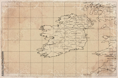 Vintage Map Of Ireland With Counties On Retro Paper Background
