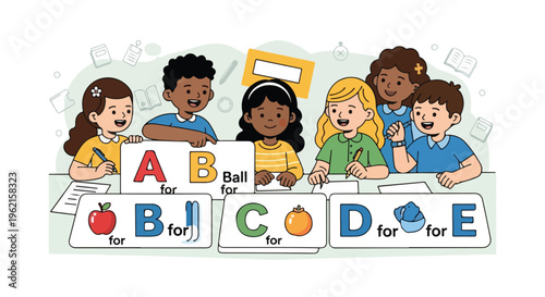 Diverse group of smiling children learning the alphabet and words starting with each letter in a classroom setting.