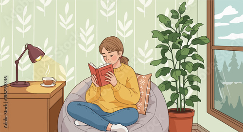 Young woman relaxing and reading a book in a cozy armchair with a cup of tea and a houseplant, peaceful home atmosphere