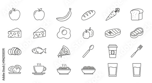 Collection of Food Icons - Diverse Culinary Delights in Simple Line Art.