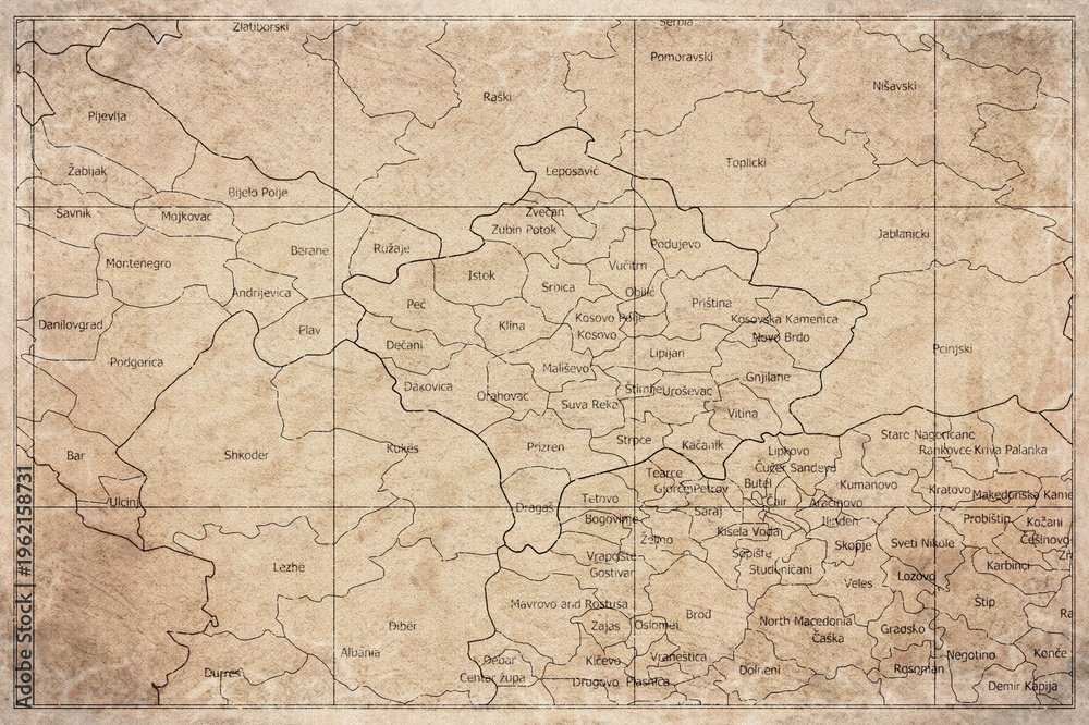 Fototapeta premium Vintage Map Of Kosovo With Districts On Retro Paper Background