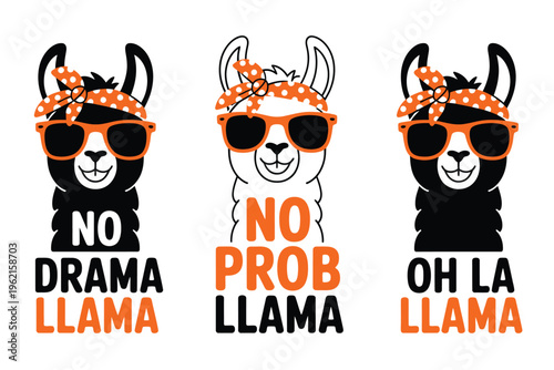 Cool llama trio illustration with no drama llama, no prob llama, oh la llama sayings