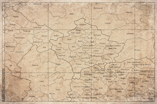 Vintage Map Of Kosovo With Districts On Retro Paper Background