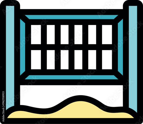 Beach volleyball net set up on a sandy court, awaiting a game under the summer sun