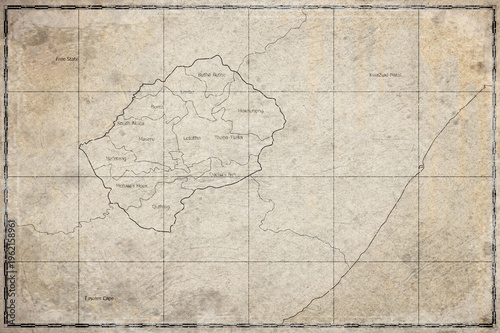 Vintage Map Of Lesotho With Districts On Retro Paper Background