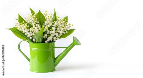Lily of the valley flowers in a green watering can