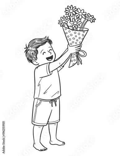 A cheerful child happily holding a bouquet of flowers with a joyful expression