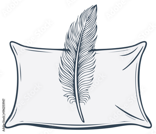 Minimalist line art drawing of a feather on a soft pillow for sleep and comfort