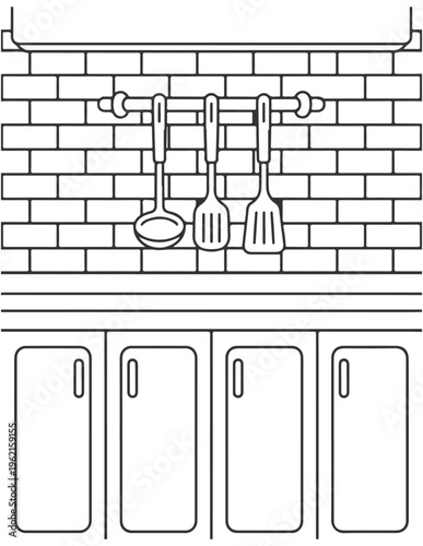 Kitchen utensils mounted on a brick wall above a set of cabinets