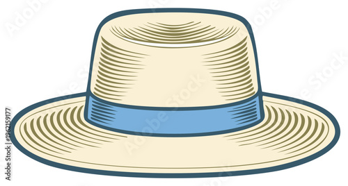 Vintage-style Straw Hat with Blue Band in Cartoon Style for Summer Fashion