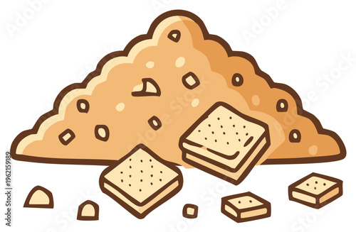 Pile of crunchy crackers and crumbs with distinct texture and holes