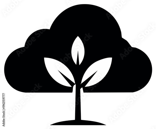 Stylized black tree with broad leaves merging into a cloud shape representing growth and nature