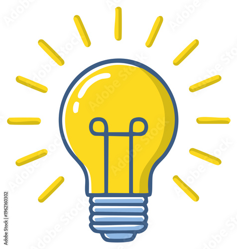 Bright yellow cartoon light bulb shining as a symbol of creativity and innovation