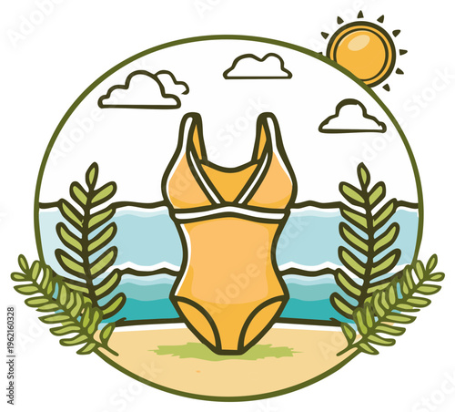 Summer Beach Scene with One Piece Swimsuit Palm Leaves and Sun
