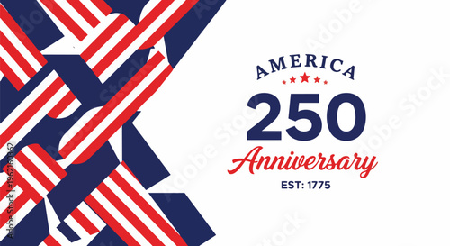 Abstract US flag design with 250th anniversary text and stars, patriotic composition, concept for event advertising, national holiday promotions and historical commemorative materials.