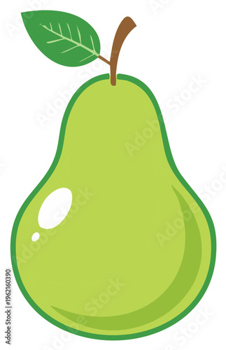 Stylized green pear fruit with leaf and stem illustration.