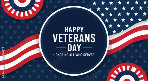 American flag waving, stars and stripes background with "Happy Veterans day" text, concept for patriotic holidays, military appreciation, and national pride celebrations.