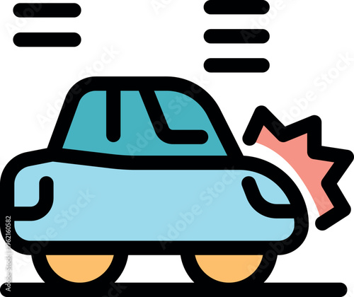 Light blue car is damaged after a rear collision, speed lines show impact