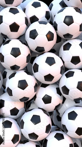 3d animation of football or soccer balls falling and covering the screen on transparent background, perfect for smooth transition between scenes. Video with alpha channel