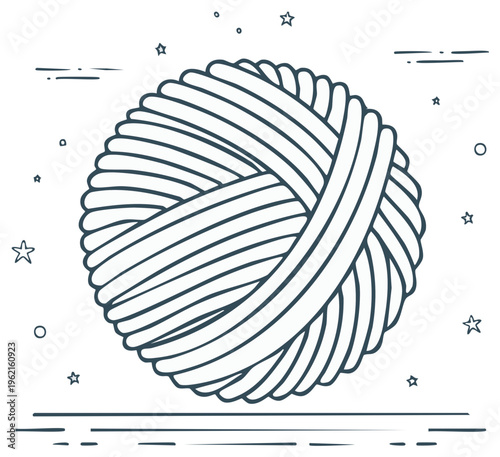 Line art illustration of ball of yarn. Design for crafting, needlework or hobbies. Simple black and white vector drawing of woolen knitting thread.