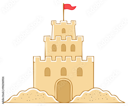 Cartoon sandcastle with multiple towers and a red flag on top. Summer beach vacation activity illustration.