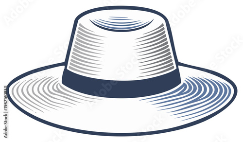 Straw hat illustration with ribbon, hand drawn summer headwear and casual sun protection vector icon.