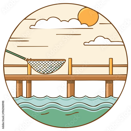 A fishing net rests on a wooden pier by the water on a sunny summer day