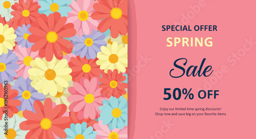 Colorful cartoon flowers with a pink backdrop to promote spring sale, for retail advertising, seasonal promotions, and shop banner design.