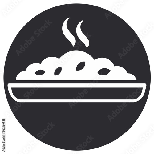Steaming dish of food icon, served in a round container against a dark background.
