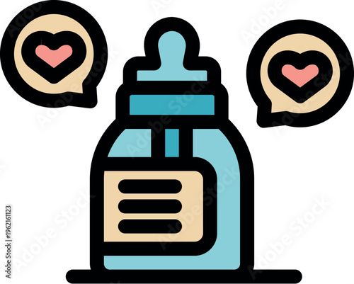 Baby bottle surrounded by hearts symbolizing love, care, and nourishment for newborns and infants