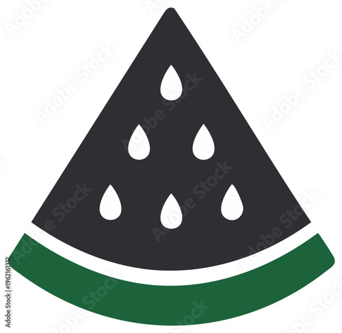 Simple flat vector icon of a watermelon wedge with seeds and green rind