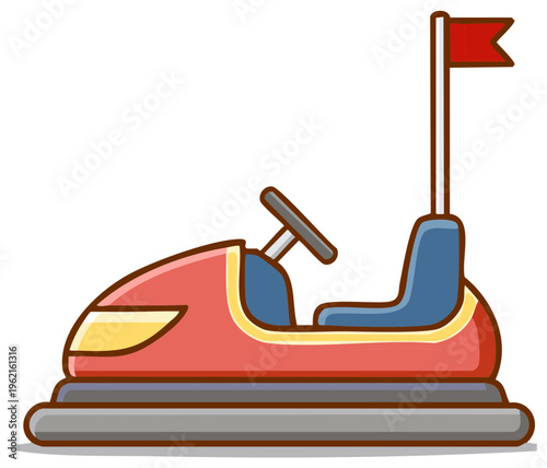 Cartoon bumper car with red body and blue seat for amusement park.