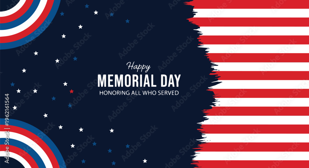 Fototapeta premium Memorial Day design with red, white, and blue elements, dark background with stars, suitable for patriotic celebrations, social media graphics and marketing campaigns.