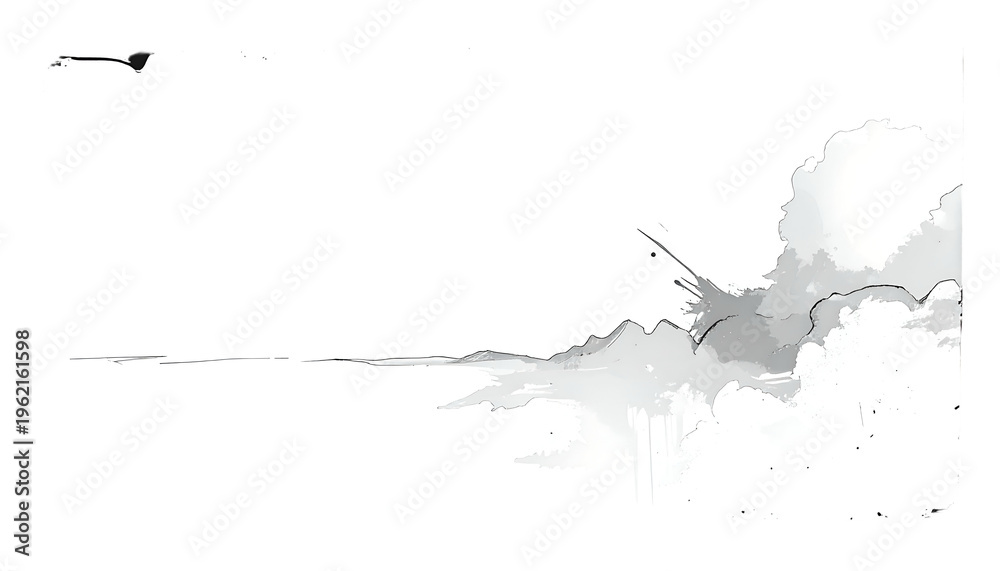 Obraz premium A monochrome illustration features a distant horizon and stylized clouds