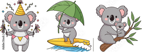 Photography Cute koala vector illustration set showing playful poses including party celebra