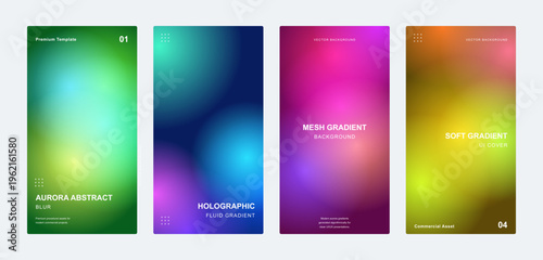 Holographic mesh gradient background set, aurora abstract fluid textures for mobile app screens, soft colorful blurred vertical banners, vibrant neon aesthetic wallpaper collection