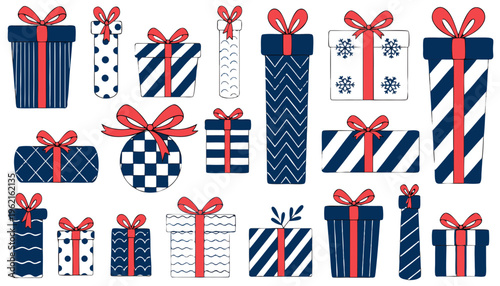 A collection of wrapped gifts in various patterns and designs