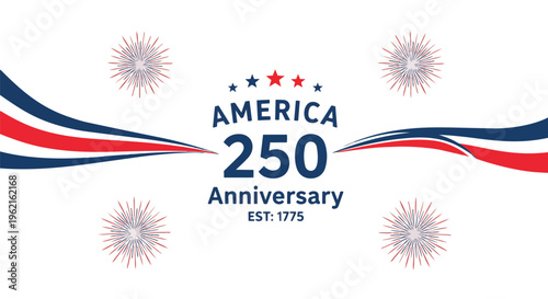 Patriotic design with stylized waves, stars, fireworks, and text of 'America 250 Anniversary', concept for commemorative events, patriotic promotions, and historical celebrations.