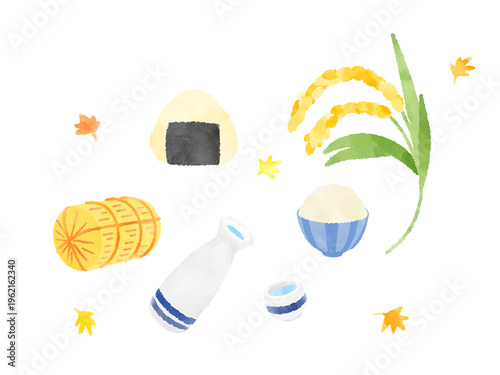 おにぎり•日本酒•ご飯•米俵•稲穂•もみじ•稲穂の水彩イラスト