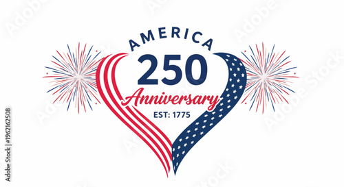 Patriotic heart-shaped design with fireworks and "250 Anniversary" text, modern, concept for celebratory events, historical promotions, and national holiday marketing.