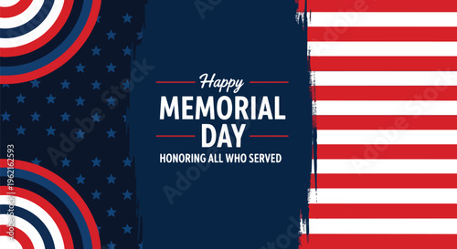 Patriotic Memorial Day design featuring American flag elements and text, vibrant color scheme, ideal for holiday advertising, promotional graphics and social media posts.